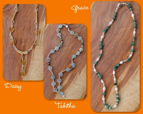 Daisy-Citrine hearts, sterling silver & leather link... Tabitha-Aquamarine, pyrite & pearl on silk... Grace-Turquoise, pearl & sterling silver on silk