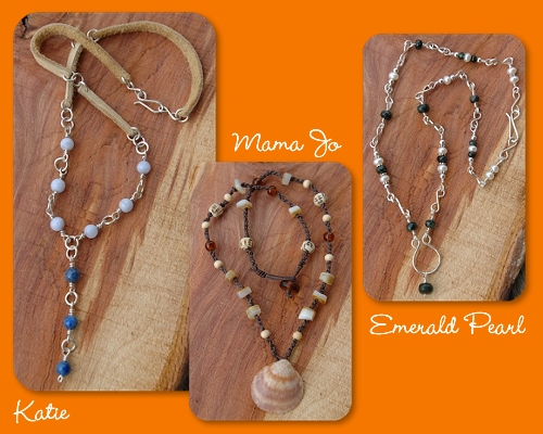 Katie-Blue lace agate, lapis lazuli, sterling silver & leather link... Mama Jo-Shell, wood & glass beads on knotted waxed cotton... Emerald Pearl-facetted emeralds & pearls on sterling silver links